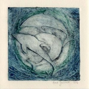 Anne Gullick Dolphins Collagraph in mount 26x26cms