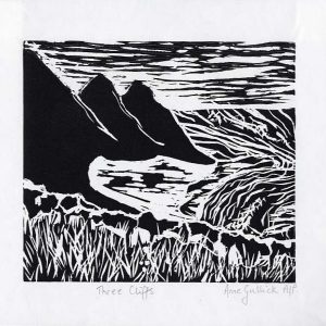 Anne Gullick Three Cliffs lino print 26x27cms