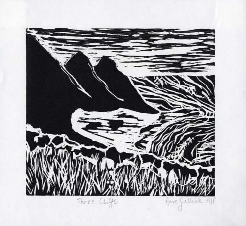 Anne Gullick Three Cliffs lino print 26x27cms