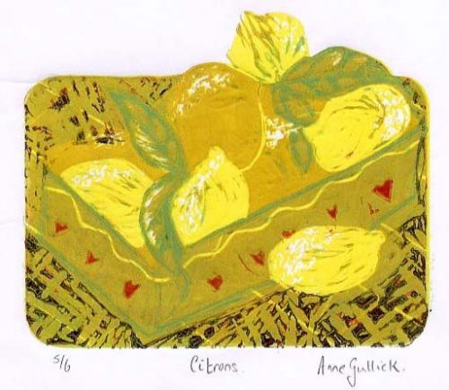 Anne Gullick Citrons Reduction lino print 24x21cms