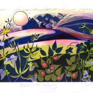 Judith Stroud Nicholaston Evening linocut 28 x 16cm