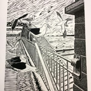 Alan Figg | ‘The Bridge that Slipped Away’ | Linocut | 56 x 48cm