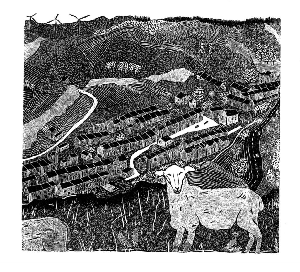 Sally Hands 'Sheep at the Pass' woodengraving 12 x12.5cm £100