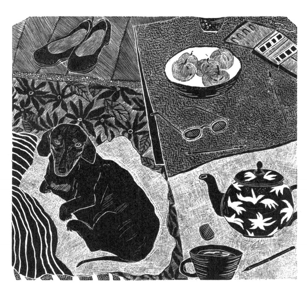 Autumn Apples & Dog, Sally Hands, Wood Engraving