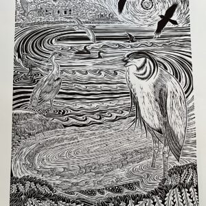 Alan Figg | The Heron Priested Shore* | 1/ 4 | B&W Linocut | 46 x 33cms | 110.00