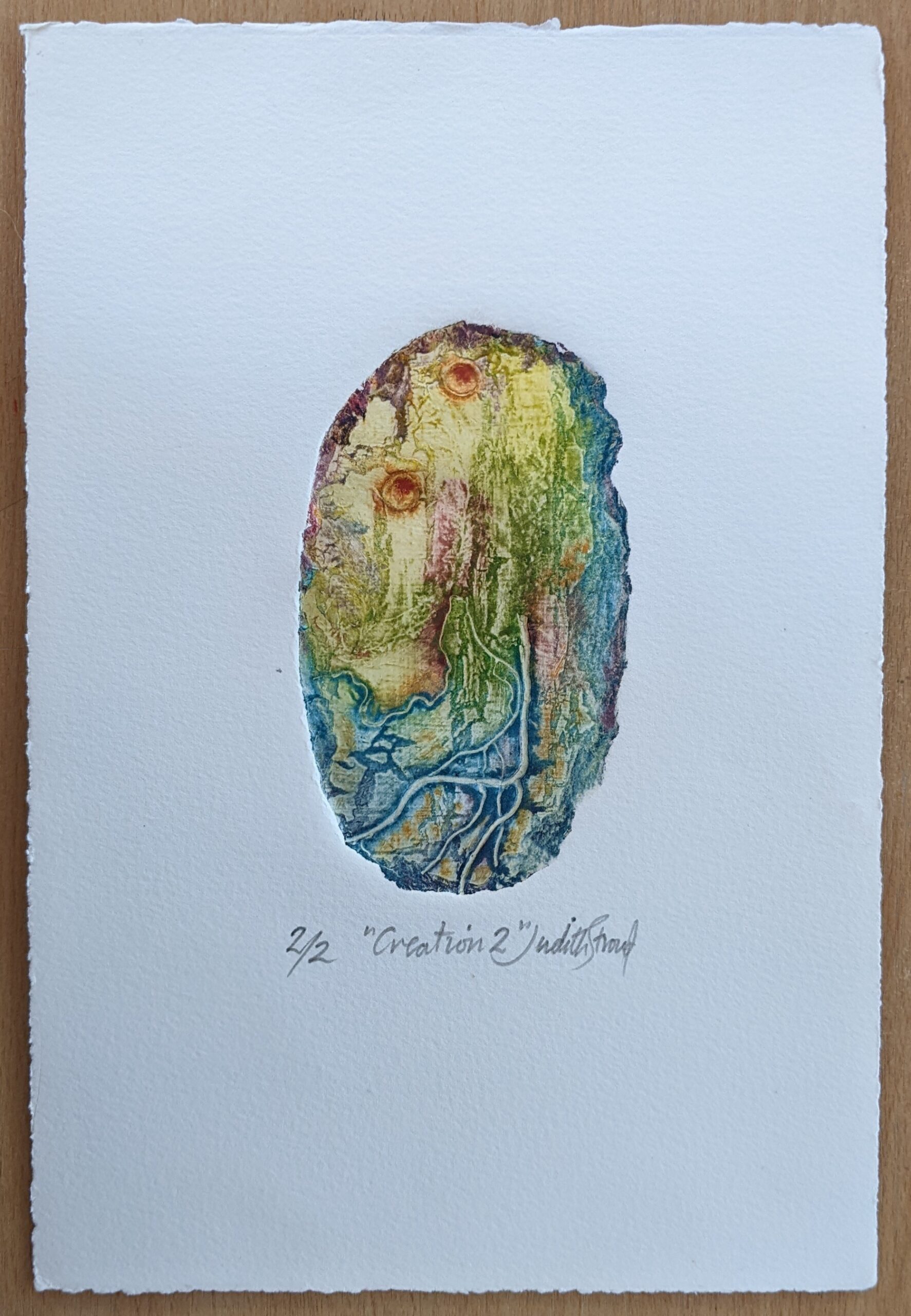 Judith Stroud Creation 2 2/2 collagraph 14x8cm £25
