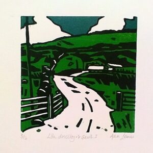 Anne Lewis | lon droellog i'r Garth | reduction linocut | 10x10 | 45.00