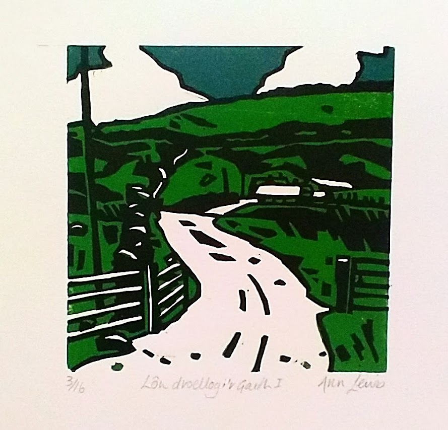 Anne Lewis | lon droellog i'r Garth | reduction linocut | 10x10 | 45.00