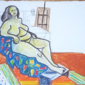 Rosie Scribblah A Group Moment 28 x 39.5 cms Derwent Inktense Blocks onto vintage paper £250