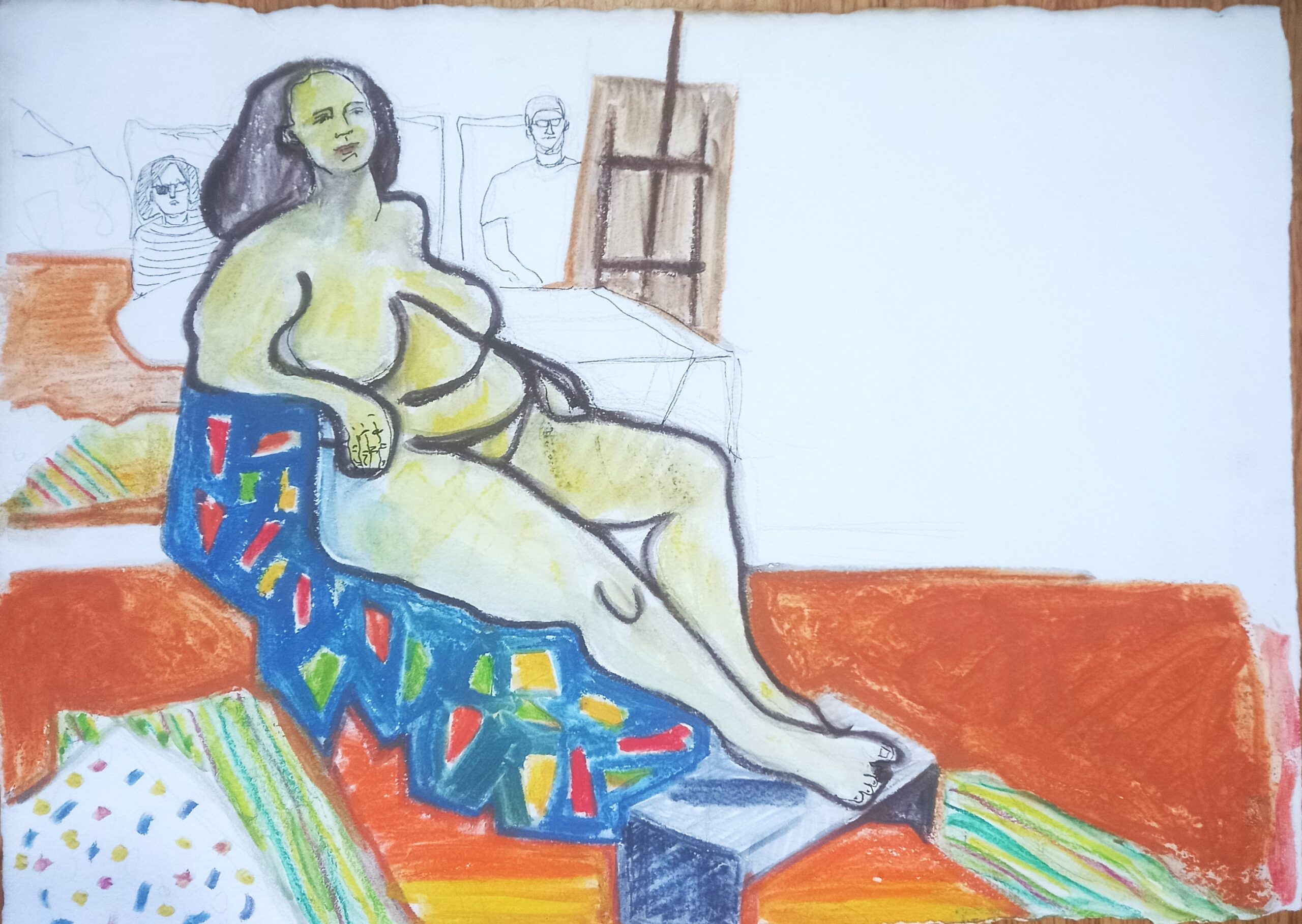 Rosie Scribblah A Group Moment 28 x 39.5 cms Derwent Inktense Blocks onto vintage paper £250